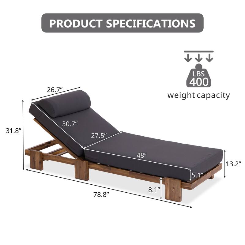 78.8" Acacia Wood Outdoor Patio Chaise Lounge - Adjustable Recliner with Headrest & Retractable Side Tray for Poolside, Garden