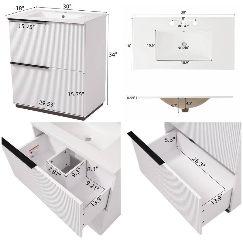 30" Bathroom Vanity with Ceramic Sink and Full-Extension Drawers, Soft Close Undermount Drawer Slides, Fluted Design, Natural