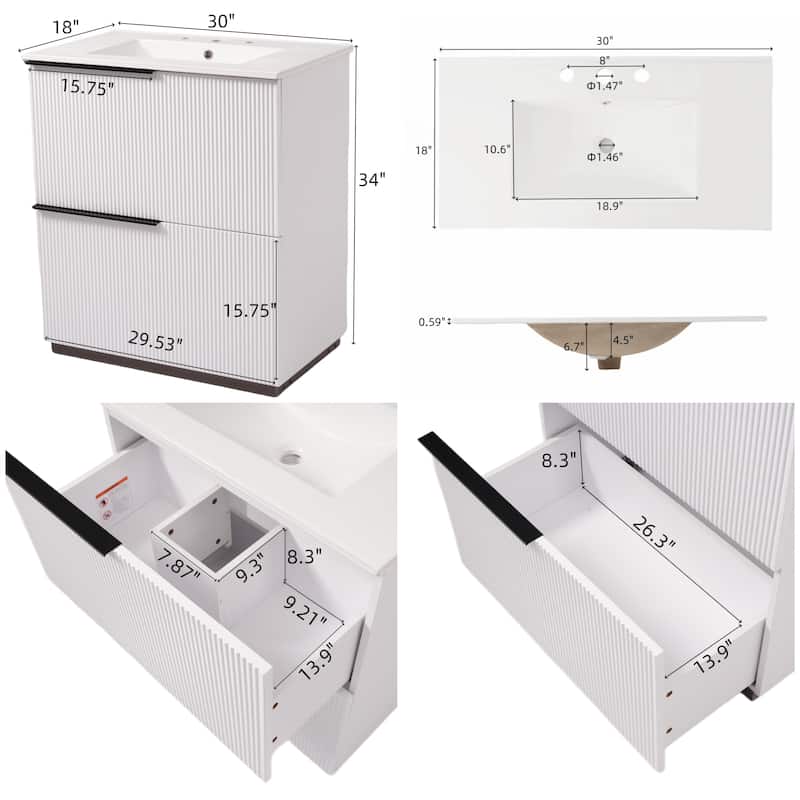 Bathroom Vanity with Ceramic Sink and Drawers - White