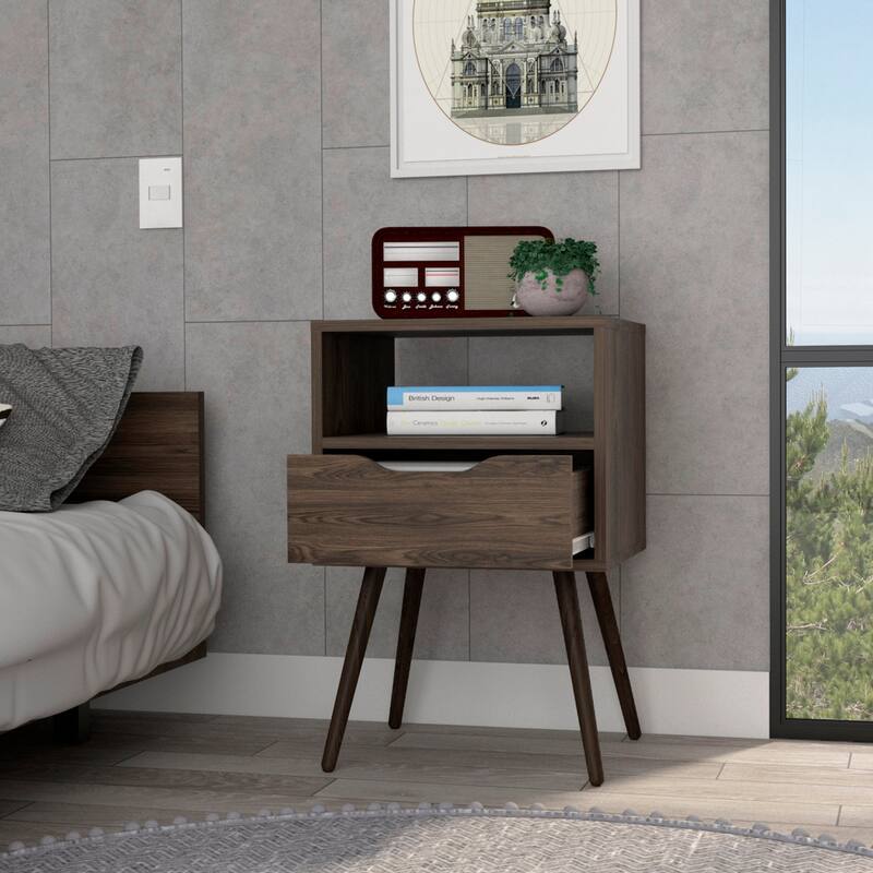Dark Walnut Nightstand with Open Shelf, Drawer, and Four Legs