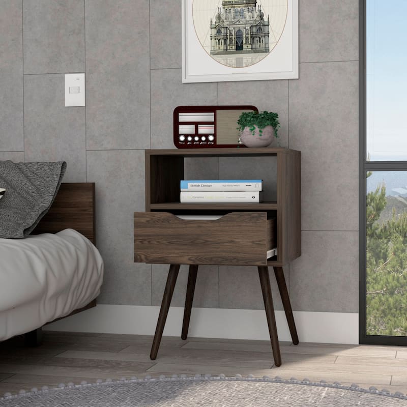 Nightstand 25"H, Superior Top, Four Legs, One Open Shelf, One Drawer, Dark Walnut