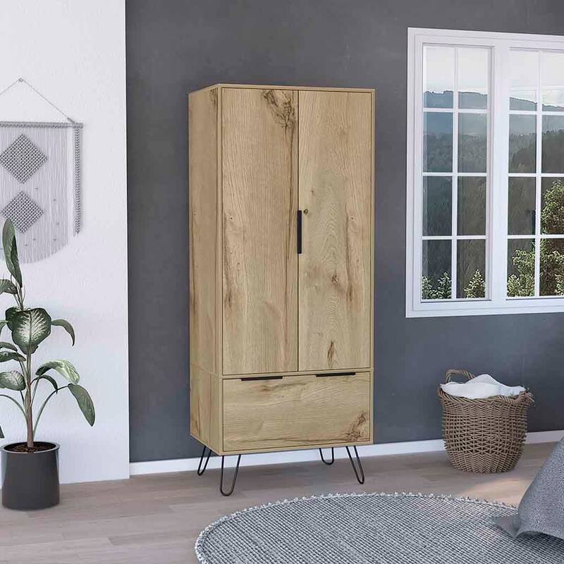 30.1" Modern Double-door Armoire with Hanging Rod and One Drawer for Bedroom - Beige