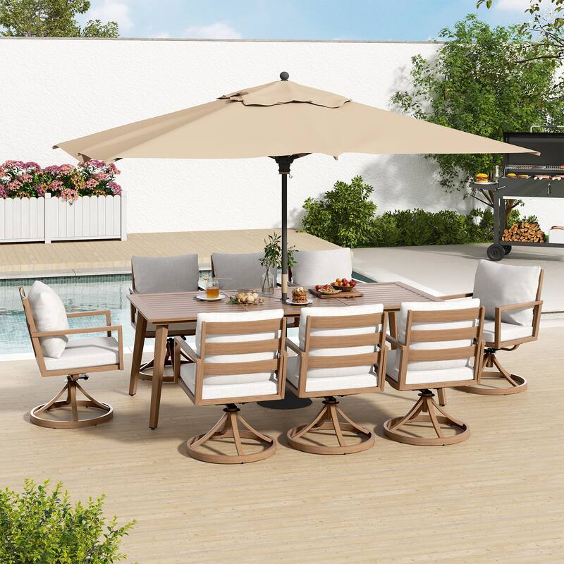 Riviera 9-Piece Brown Aluminum Patio Dining Set with Rectangular Table, 8 Swivel Dining Chairs and Light Gray Cushions