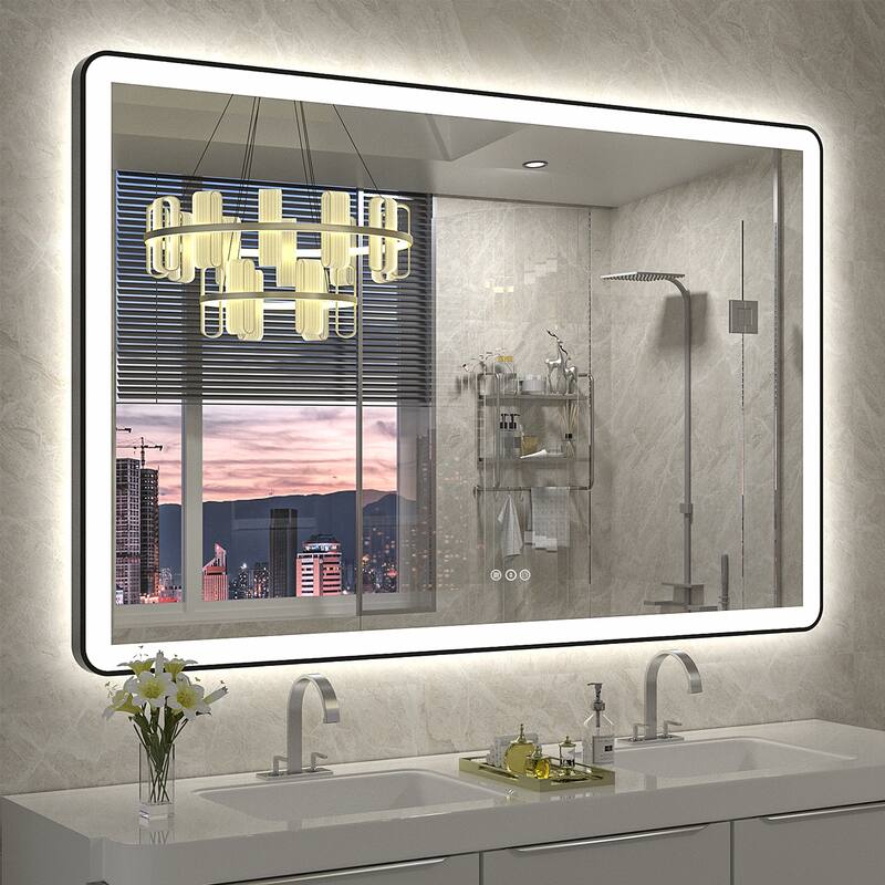 Framed Front & Back LED Lighted Anti-Fog Tempered Glass Wall Bathroom Vanity Mirror - 55" x 36"