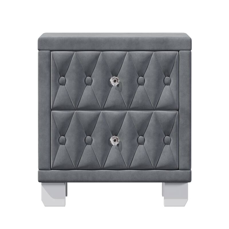 Elegant Velvet Nightstand with 2 Drawers and Crystal Handle