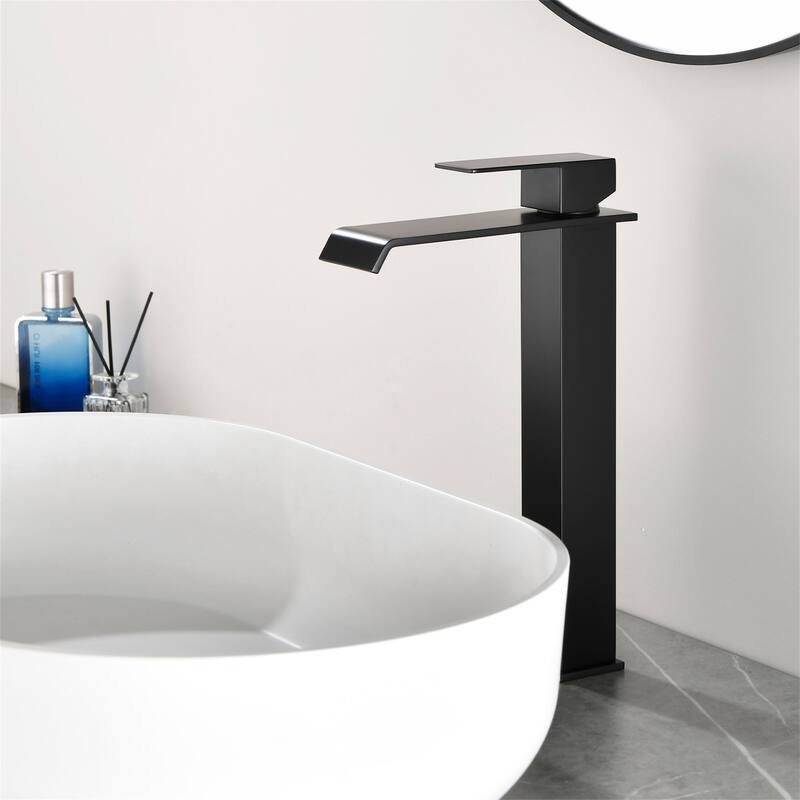 Waterfall Single Handle Bathroom Vessel Sink Faucet with Pop-up Drain 304 Stainless Steel 1 Hole High Tall Basin Vanity Faucets