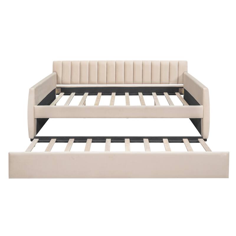 Elegant Velvet Upholstered Daybed, Full Size with Trundle, Sturdy Wood Slat Frame, Easy Assembly