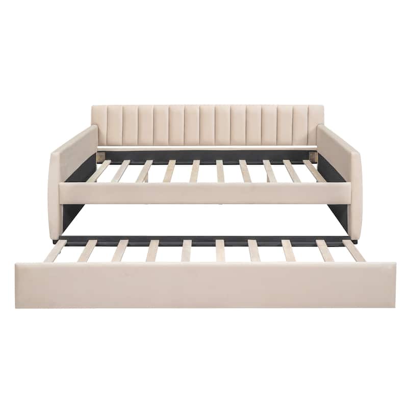 Full Velvet Daybed with Trundle & Wood Slats
