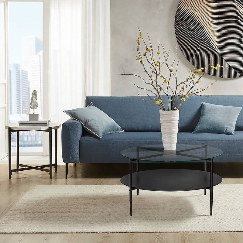Round Coffee Table with Interchangeable Wood and Glass Top，for Living Room Bedroom Studio,Comfy，Living Room table Comfy Reading - Black