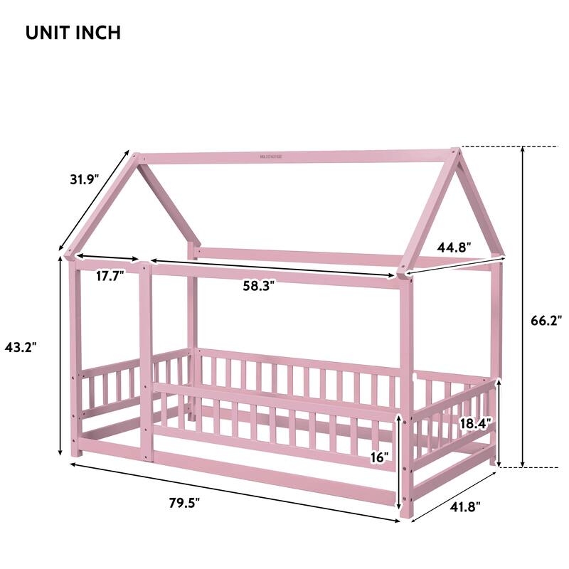Wooden Floor Bed with House Roof Frame and Guardrails