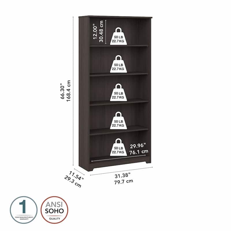 Bush Furniture Cabot Tall 5 Shelf Bookcase with Adjustable Shelves
