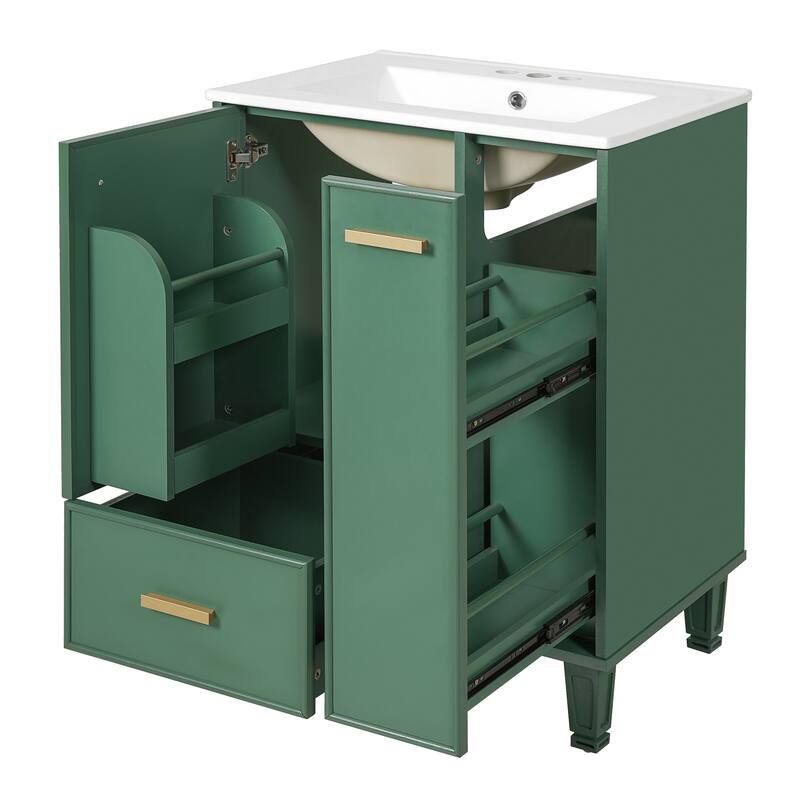 Bathroom Vanity with Ceramic Sink, Freestanding Bathroom Cabinets with Door Shelf, Deep Drawer & 2-Tier Pull-Out Baskets