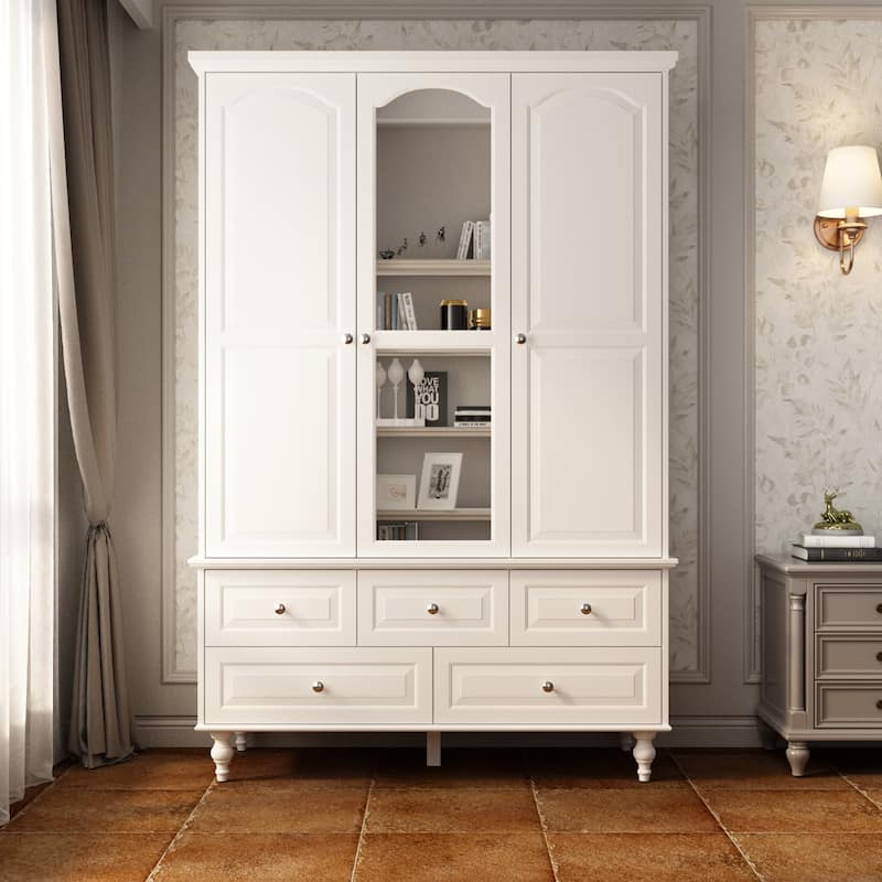 70.9"H Lacquered Wardrobe Armoires Wooden Closet with Mirror Door - White