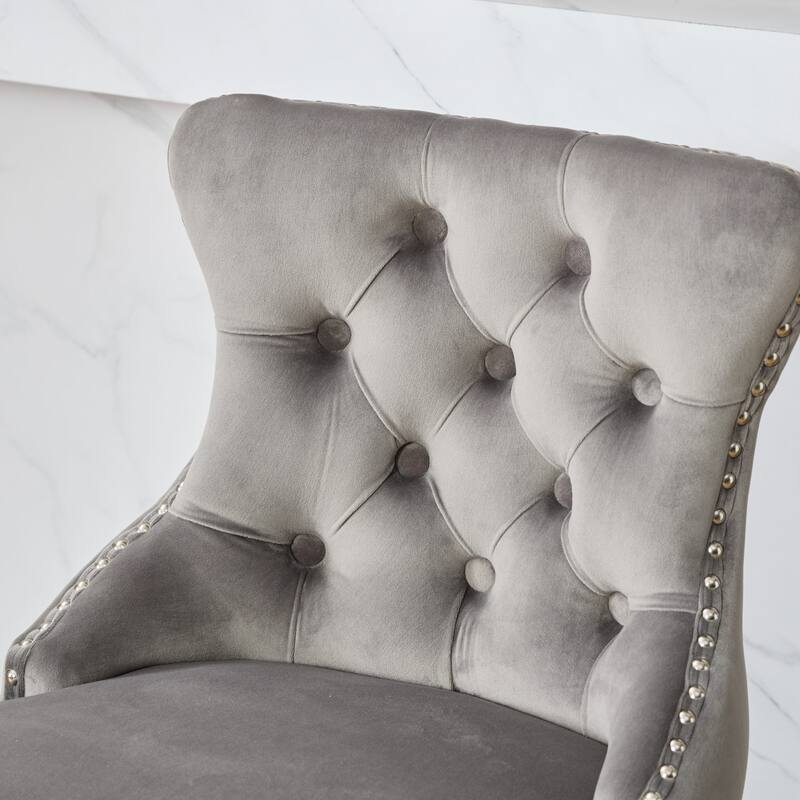 Swivel Velvet Barstools with Button Tufted, Wooden Legs, Chrome Nailhead Trim - Leisure Style Set of 2