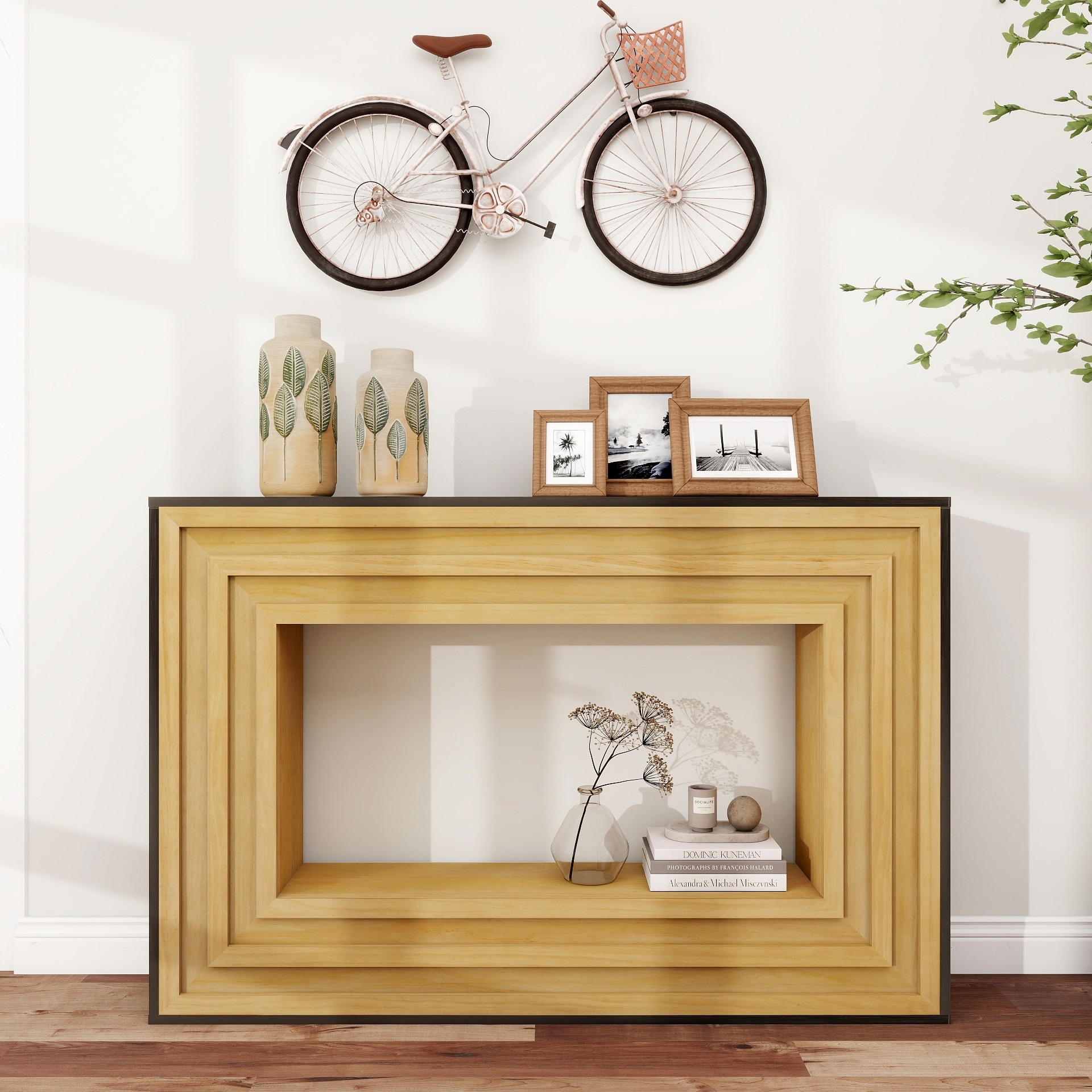 Modern Contrast Console Table with Layered Wood Frame and Black Top