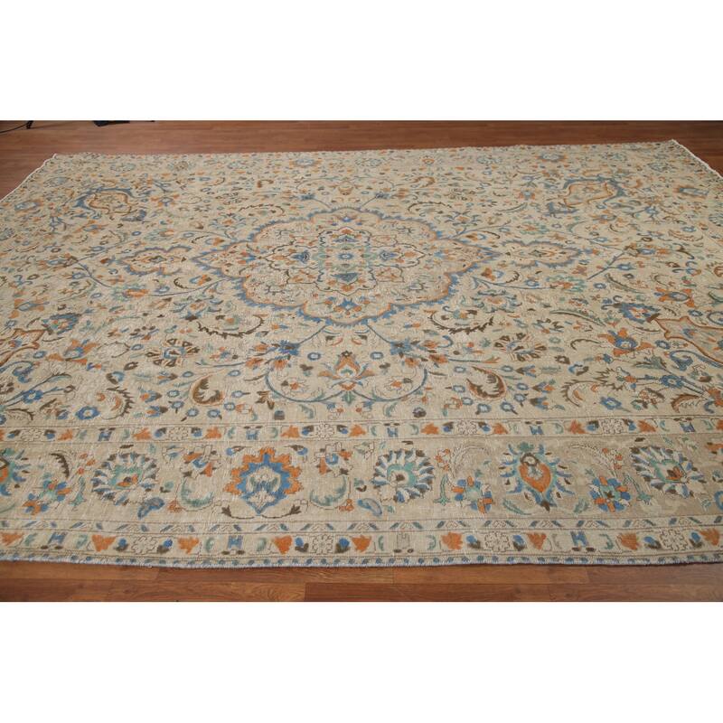 Hand Knotted Oriental 100% Wool Carpet Traditional Floral Beige & Ivories Tabriz Area Rug - 13' 1'' X 9' 9''