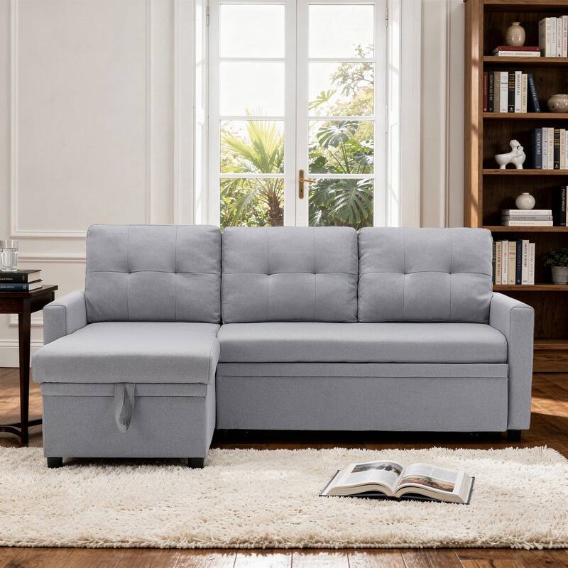 Modern Pull Out Sectional Sofa Bed Couch with Storage Chaise for Living Room - Linen/Light Gray
