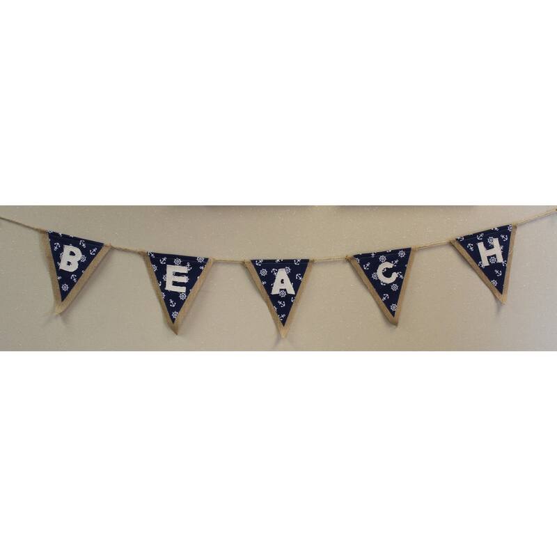 Nautical Beach Navy and White Burlap and Printed Fabric Banner 70.75 Inches - Blue,White