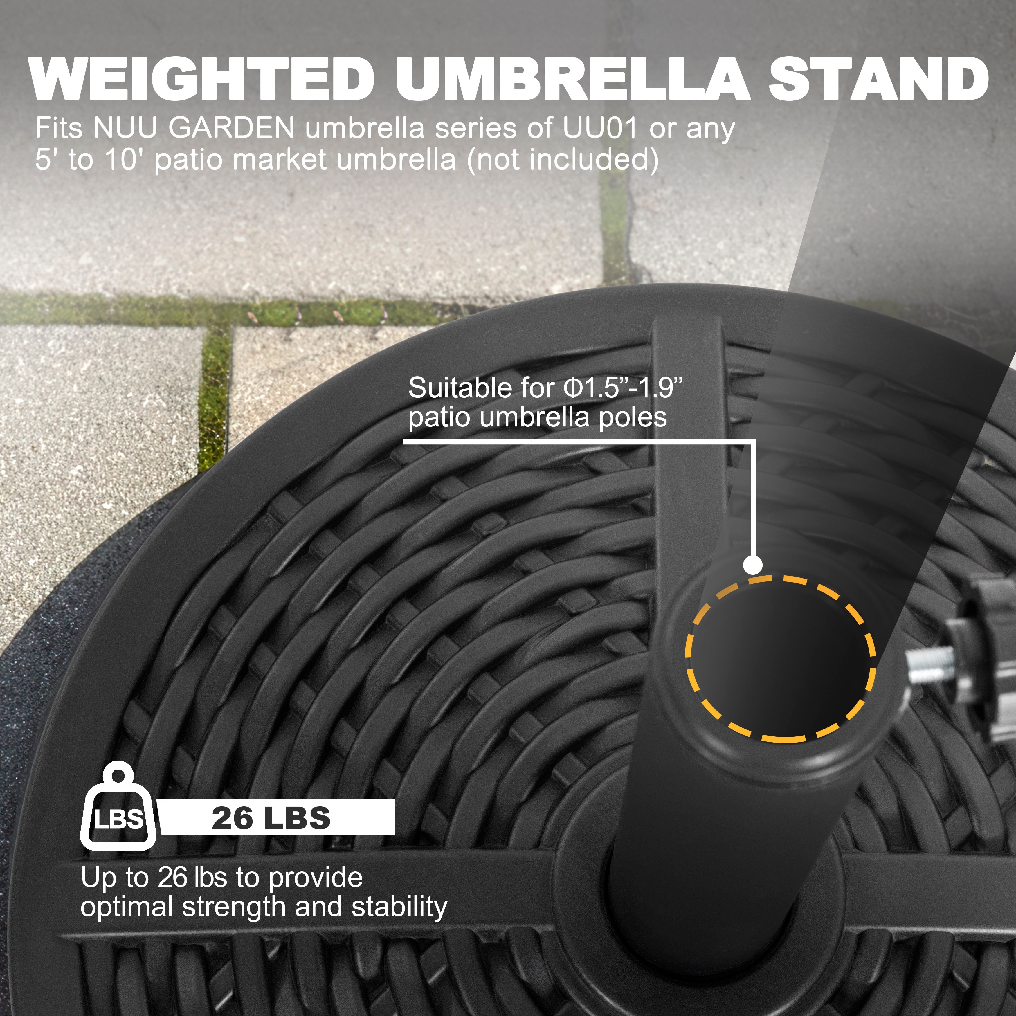 26 lbs patio umbrella base in black Stand Heavy Duty Outdoor Umbrella Base Made from Rust Resistant Resin This Maypex brand 27 lbs US Weight 26 Pound Umbrella