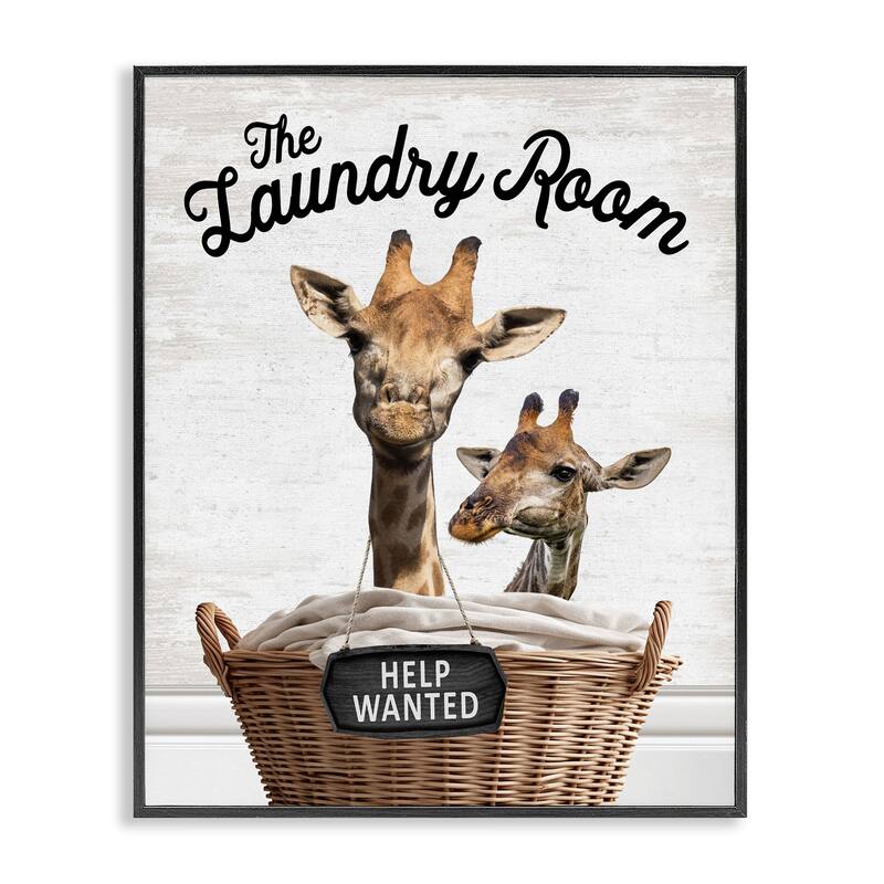 Stupell Help Wanted Laundry Room Giraffes Framed Giclee Art Design By Lettered and Lined - 11 x 14 - Black