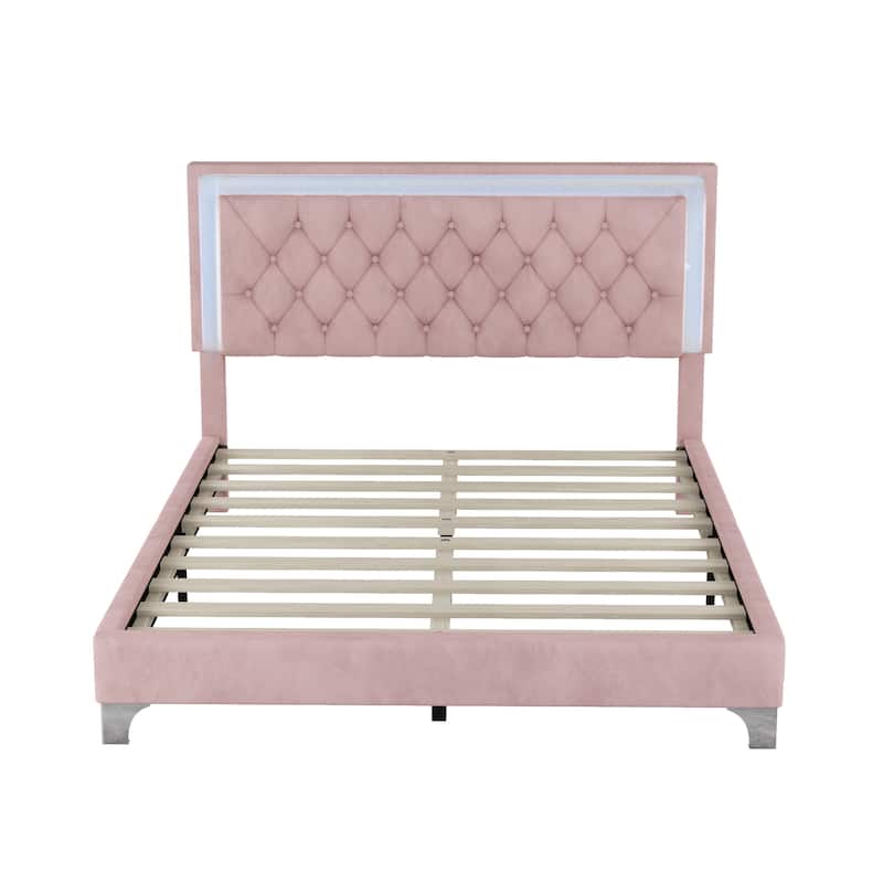 Modern Upholstered Bed Frame with LED Lights and Tufted Headboard