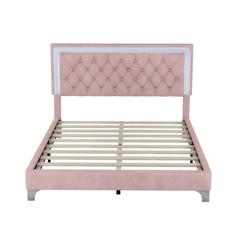 Queen Velvet Platform Bed with LED & Tufted Headboard