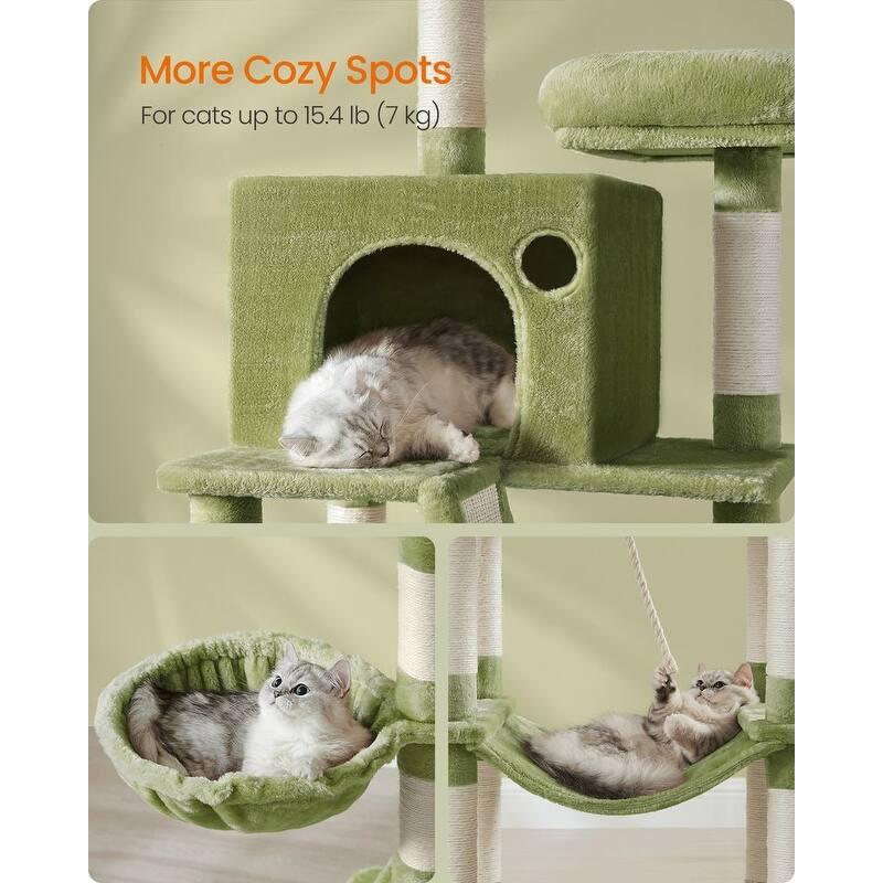 Cat Tree, 66.1-Inch Large Cat Tower with 13 Scratching Posts, 2 Perches, 2 Caves, Basket, Hammock, Pompoms