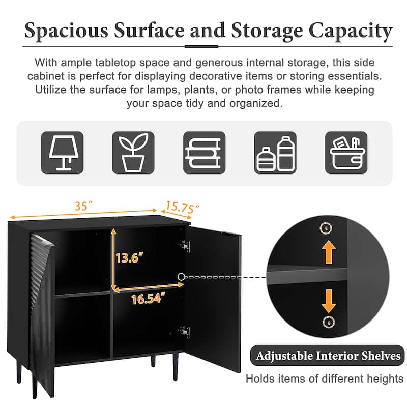 Modern Minimalist Side Cabinet with Adjustable Shelves and Geometric Doors, MDF Top and Metal Legs.
