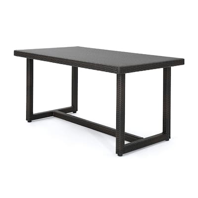 Sanie Outdoor Dining Table, 59 Inch Top, Iron Frame, Brown Resin Wicker