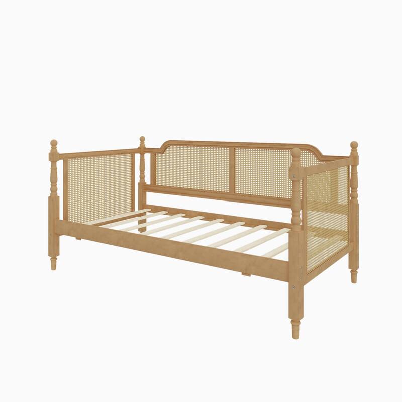 Rattan Bed Frame French Provincial Daybed with Solid Pine Wood and Large Storage Drawers, Easy Assembly, No Box Spring Required