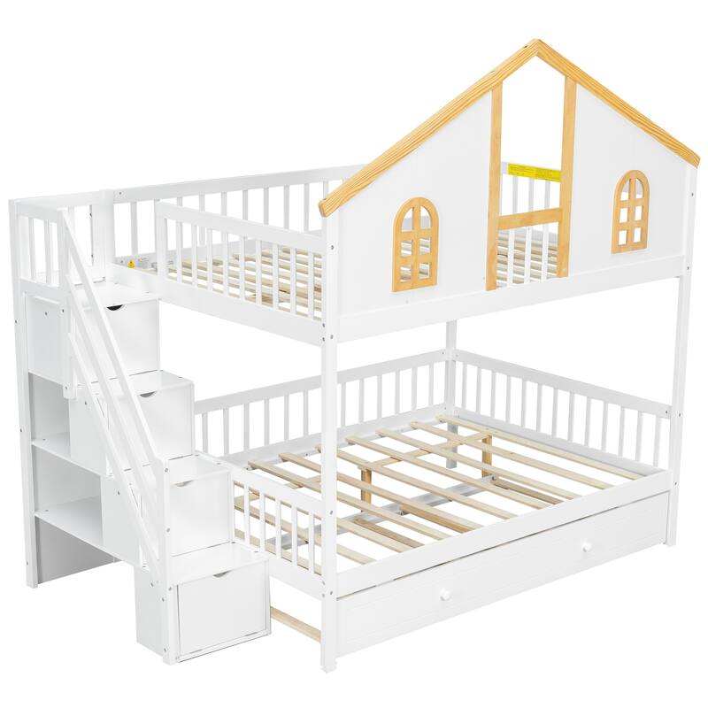 Fairytale Bunk Bed with Window Door House-shaped Roof Frame and Storage Staircase, Optional with Storage Drawers or Trundle Bed
