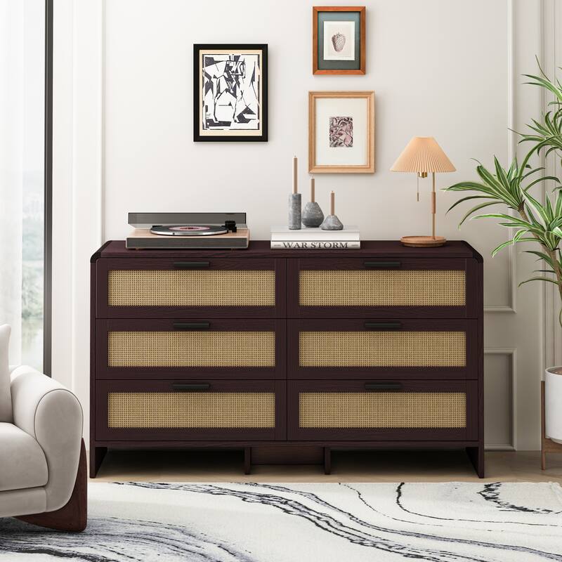 51.18'' Arc Shaped Corner Rattan Cabinet, 6-Drawers Rattan Storage Cabinet Rattan Drawer, for Living Room Bedroom,and Kitchen - Reddish Brown