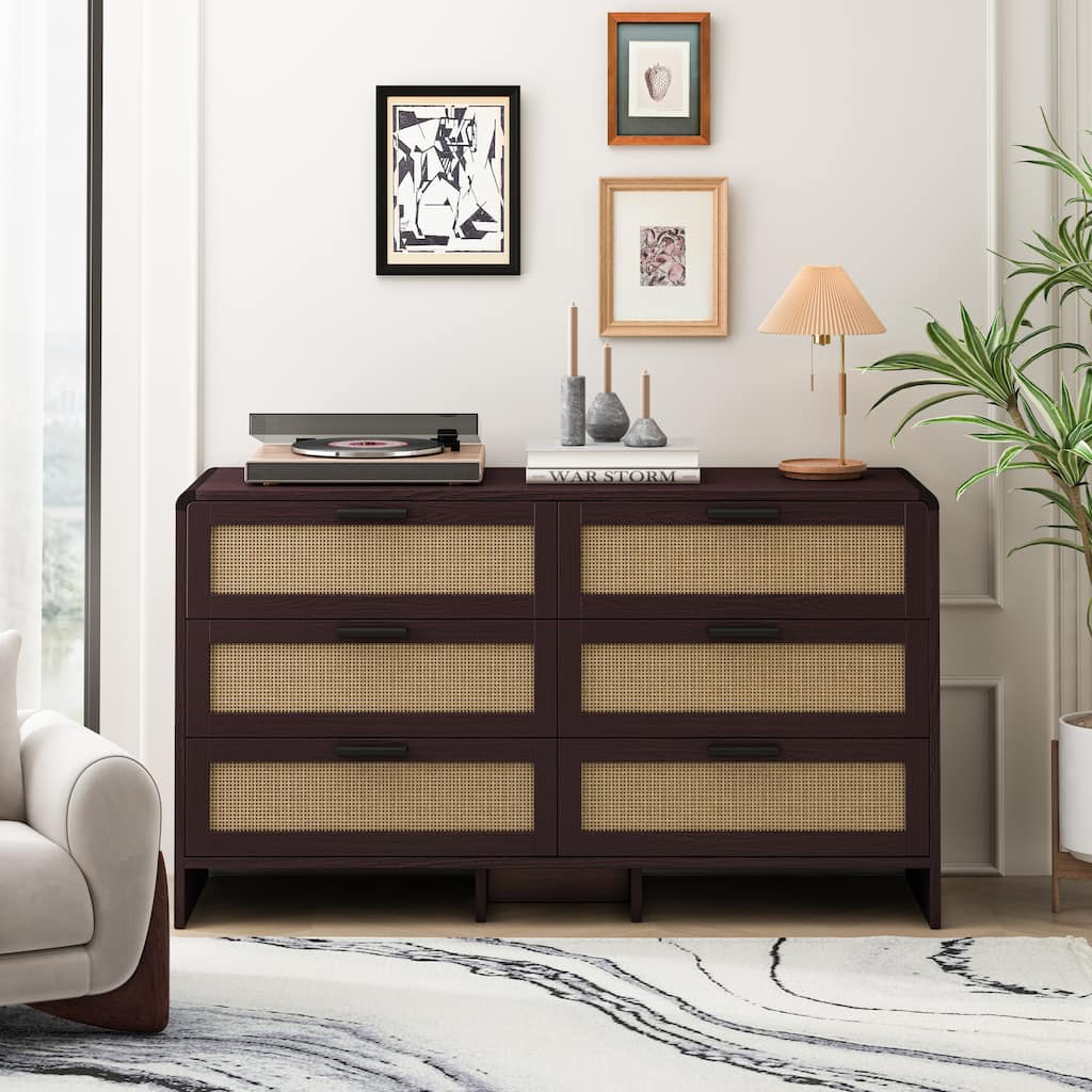 51.18'' Arc Shaped Corner Rattan Cabinet, 6-Drawers Rattan Storage Cabinet Rattan Drawer, for Living Room Bedroom,and Kitchen