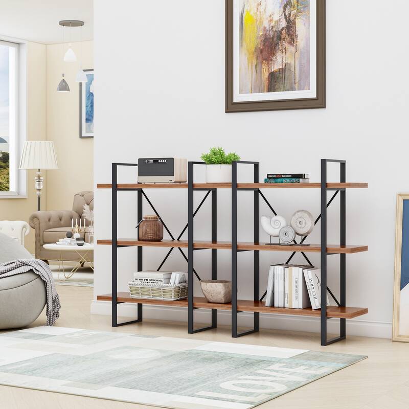 Davee JD Walnut Wood and Metal Display and Steel Etagere Bookcase - 70*12.52*43 inches - Walnut - 70*12.52*43 inches
