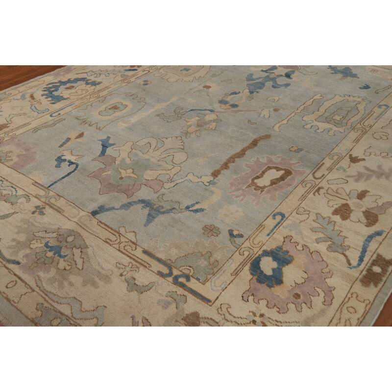 Geometric Oushak Turkish Area Rug Hand-Knotted Blue Wool Carpet - 7'9"x 10'0"