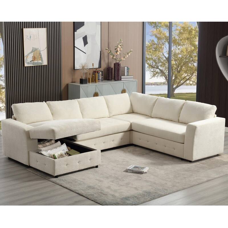 110.75" Chenille U-Shaped Modular Sofa with Storage - Beige