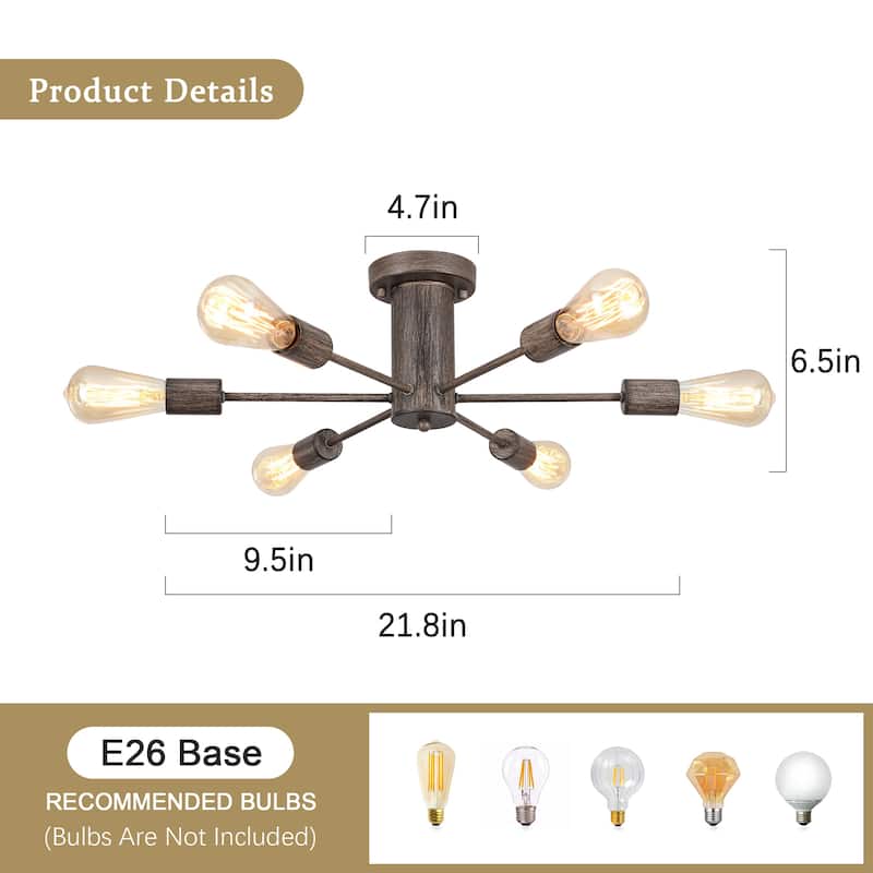 6-Light Mid Century Semi Flush Mount Chandelier for Dining Room