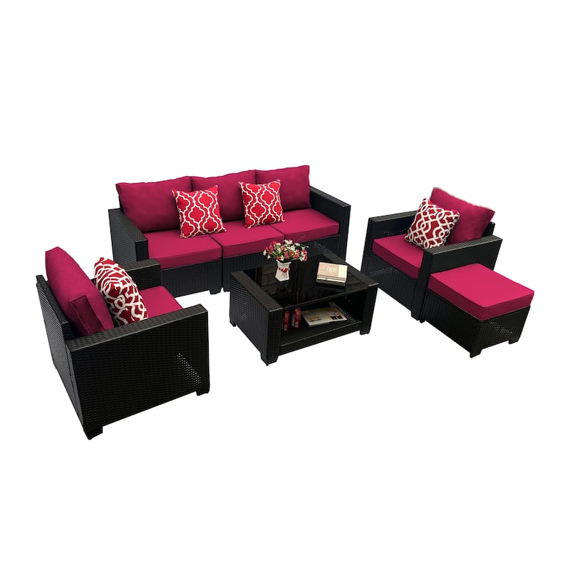 Outdoor Garden Patio Furniture 7-Piece PE Rattan Wicker Cushioned Sofa Sets with 2 Pillows and Coffee Table
