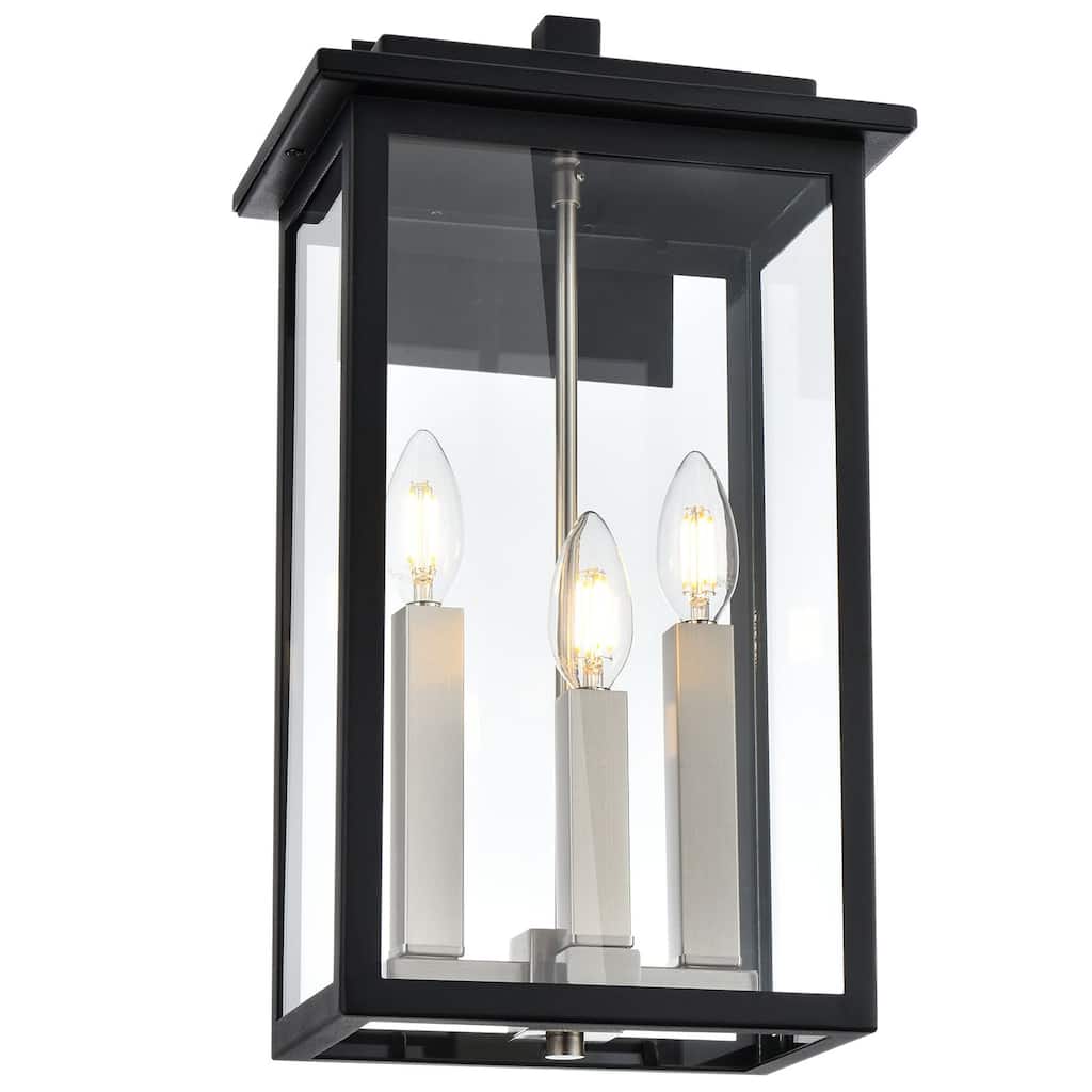 Outdoor Wall Sconce, Exterior Porch Light Wall Mount Lantern, Black and Brushed Nickel Finish with Clear Glass for House