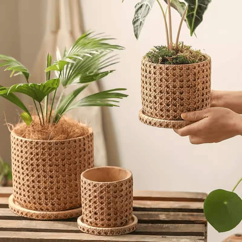 RusticReach Faux Woven Grid Cement Pot - Beige
