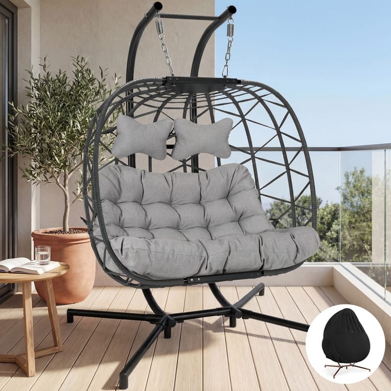 Oversized Outdoor Double Swing Egg Chair, 700 lbs Capacity 2-Person Hanging Egg Chair Swing with Cushion - Light Grey/Grey-Cover