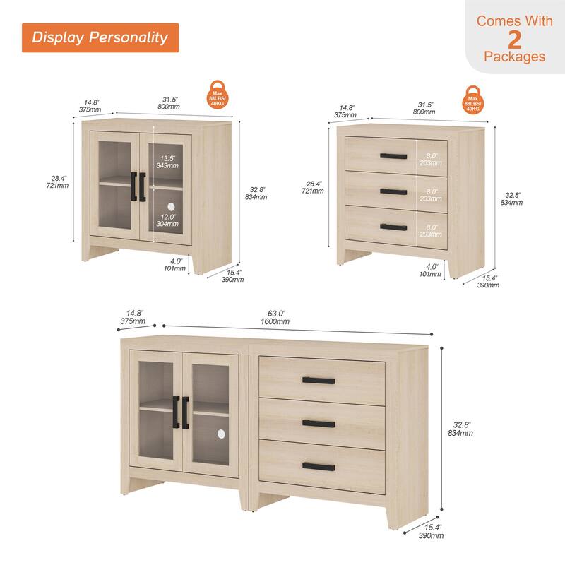 WAMPAT Farmhouse Buffet Cabinet, 2-Piece Sideboard with Glass Door & Storage Drawers for Kitchen