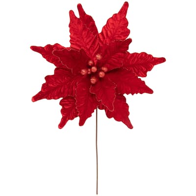 24" Oversized Red Glittered Velvet Christmas Poinsettia Floral Pick - 24