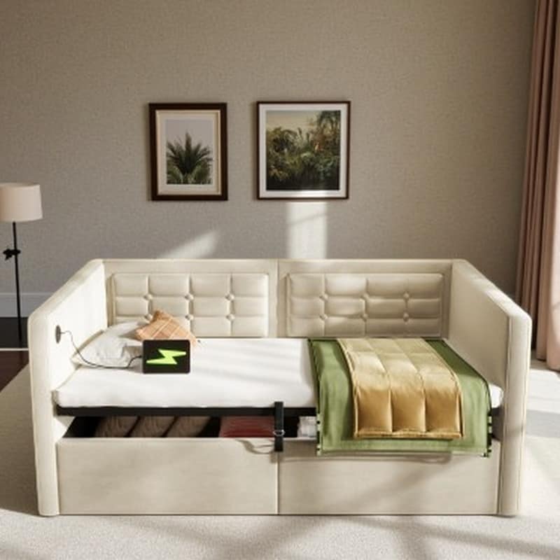 Twin Velvet Daybed with Hydraulic Storage, USB & Type-C Charging, Tufted Backrest, Wooden Slats Sofa Bed Frame