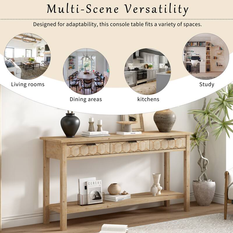 60'' Fir Veneer Console Table with Honeycomb-Patterned Drawers, 3 Storage Drawers and Open Shelf Entryway Table