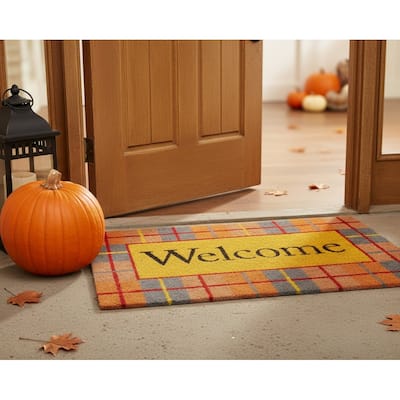 HomeRoots 17" X 29" Gray Natural Orange And Yellow Fall Plaid Welcome Outdoor Coir Door Mat - 17.00' X '29.00