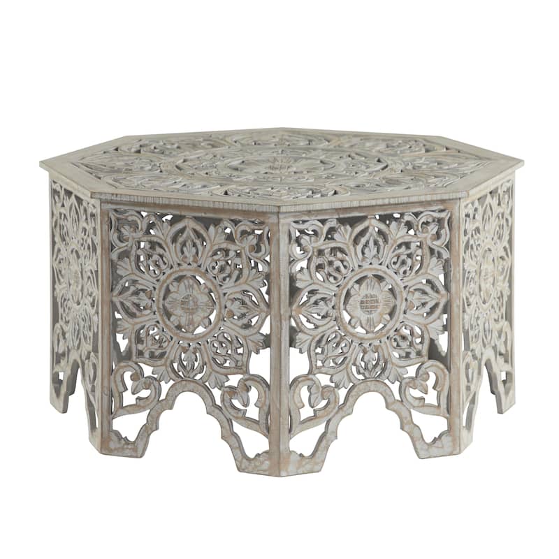 Wooden Floral Handmade Intricately Carved Coffee Table with Hollow Interior - Light Gray or Cream - Roche River Decor