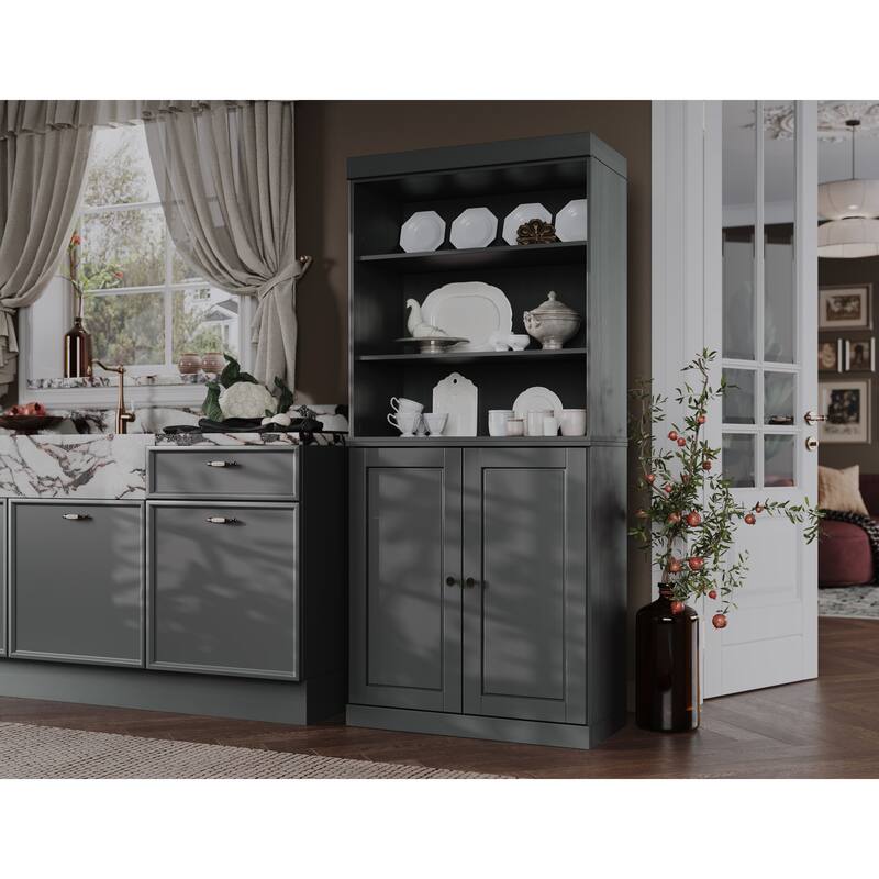 100% Solid Wood Kitchen Pantry Cabinet with 2 Clear Glass or Solid Wood Doors and 2-Drawer Organizer by Palace Imports