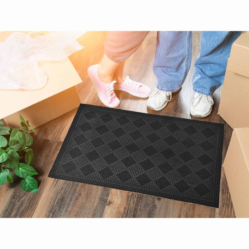 Outdoor Mat Drew Checkerboard Rubber Rug 24x16 Inch Black