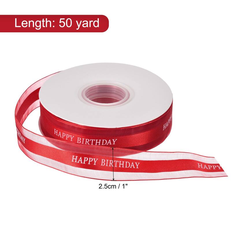 1" 50 Yard Happy Birthday Ribbon Chiffon Organza Satin Ribbon - Red